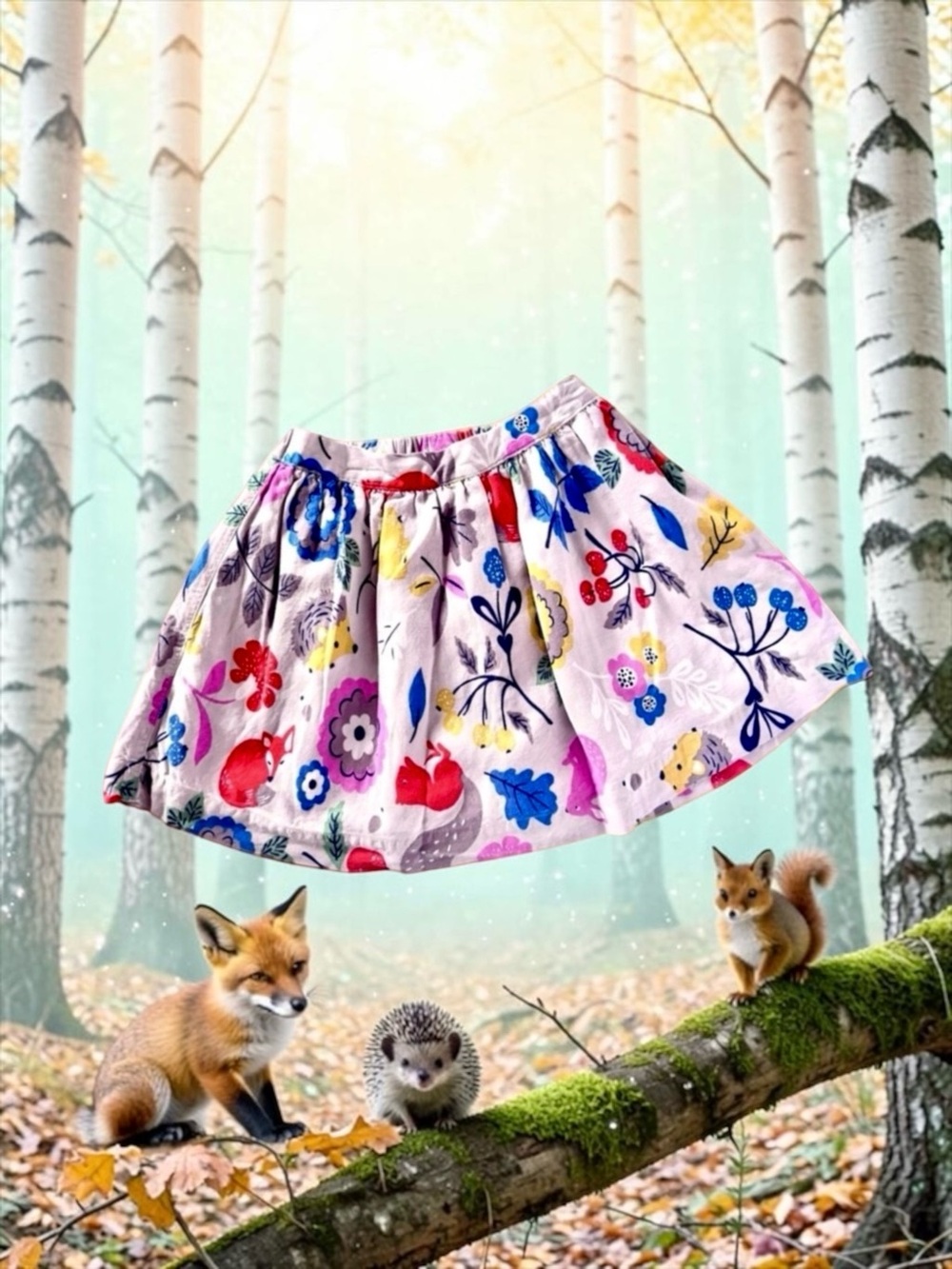Mini Boden Girls Skirt Warm Gray Woodland Animals Twirl Size 3–4 EUC